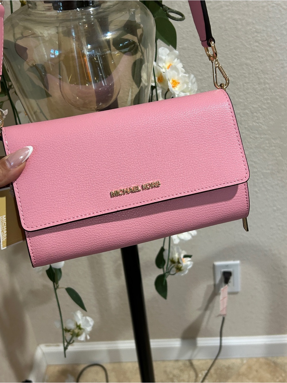 Michael Kors Pink Pebbled Vegan Leather Crossbody Wallet